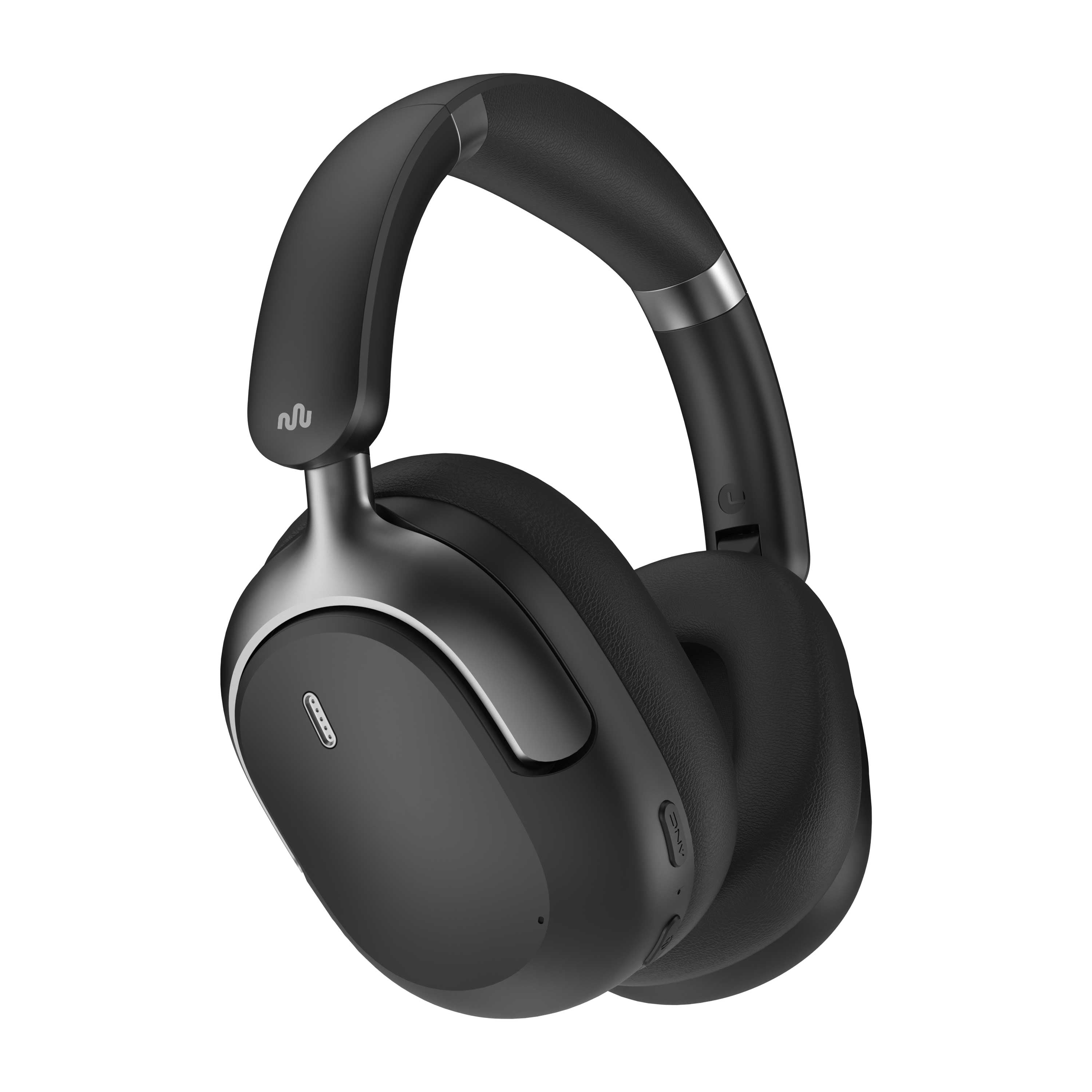 Black over-ear headphones on a transparent background